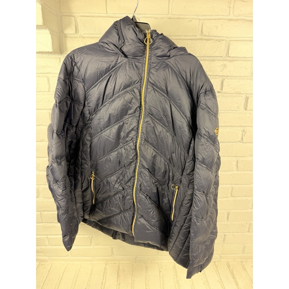 Michael Kors Womens 2X Navy Packable Down Puffer Jacket Gold Hooded Coat